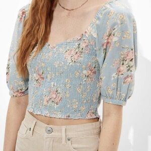 American Eagle Cropped Cottagecore Floral Smocked Top